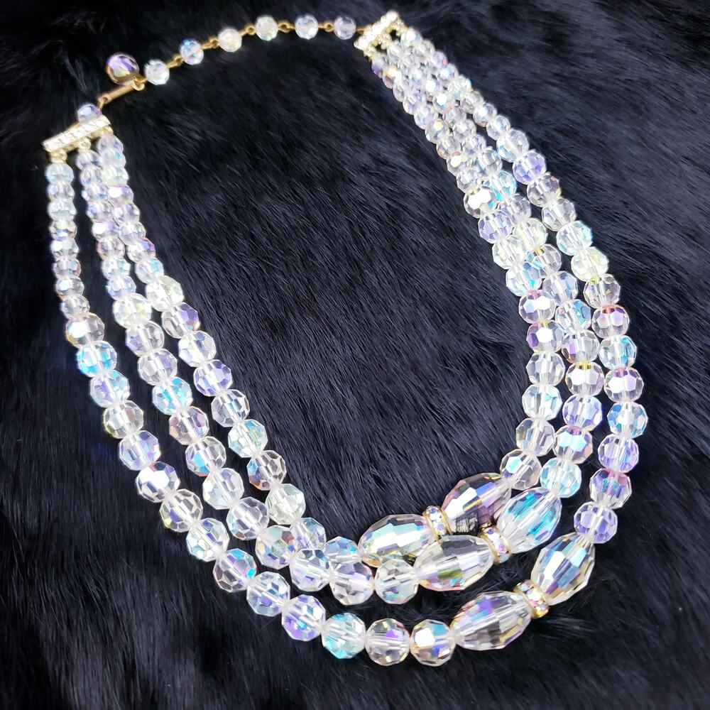 Vintage 1960s Alice Caviness Aurora Borealis Glass Three Strand Choker